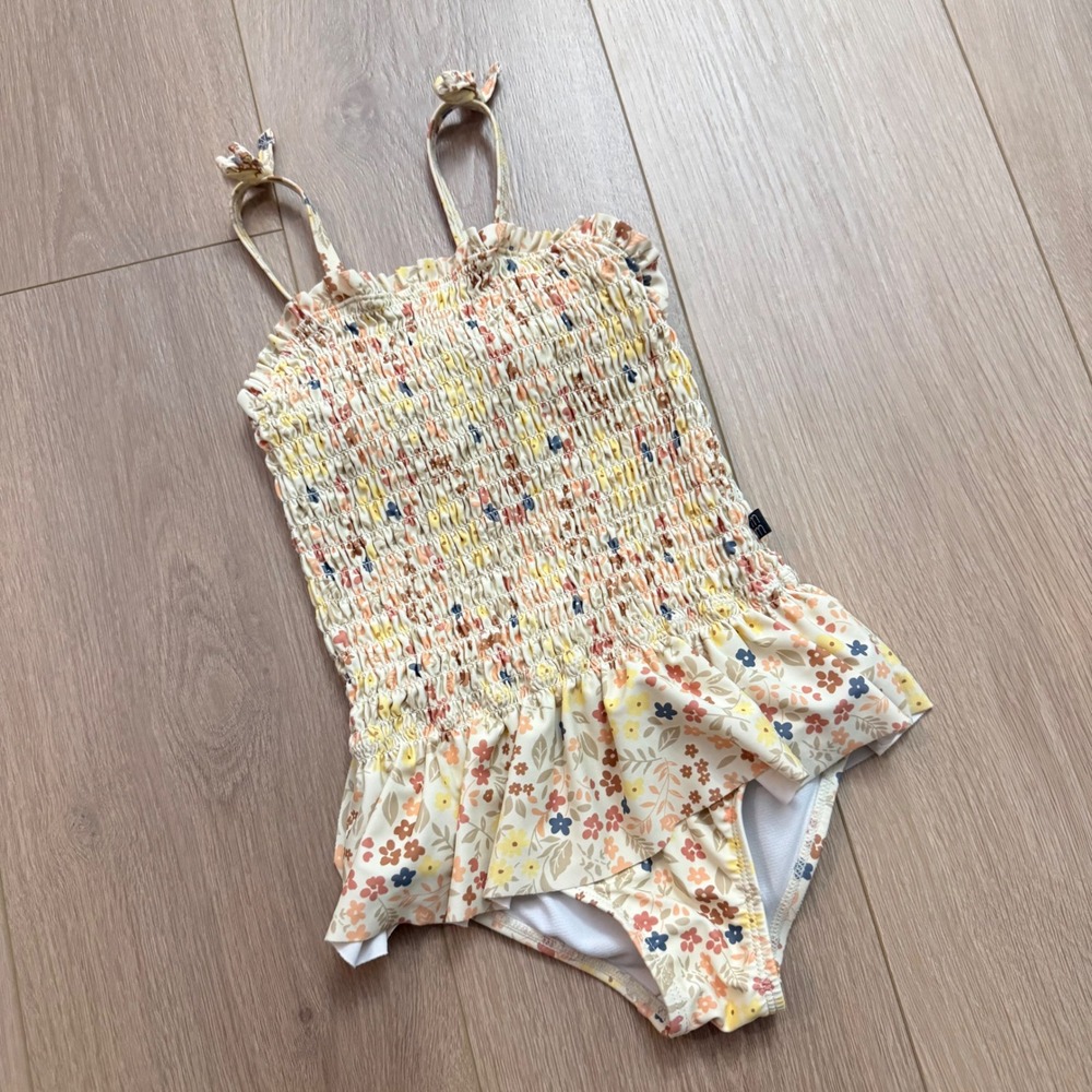 A14 Modern Moments by Gerber Girls Floral Smocked One Piece Swimsuit Cream 5T